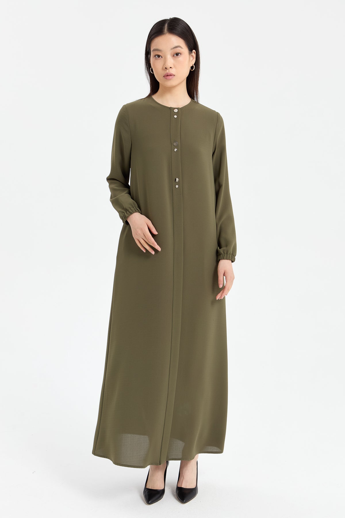 Abaya with Elasticated Sleeves - Khaki