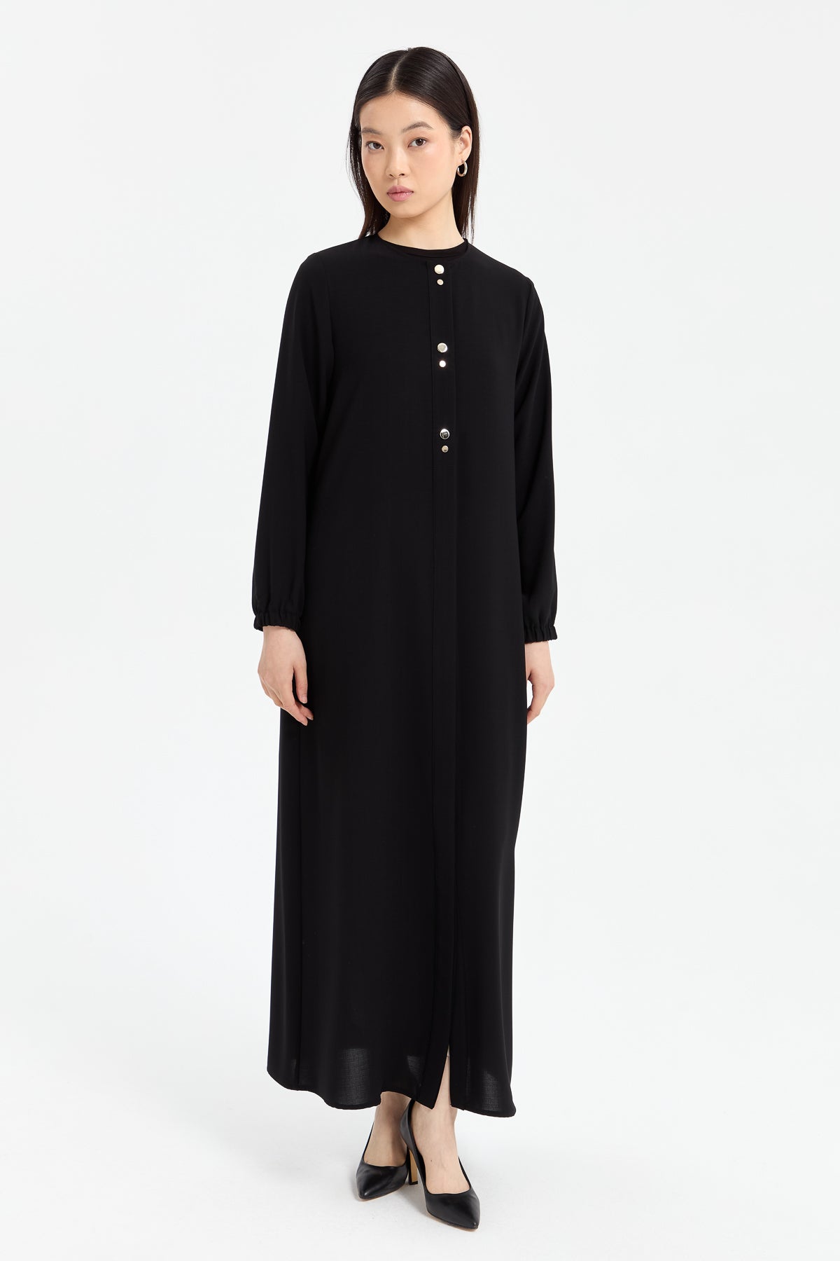 Abaya with Elasticated Sleeves - Black