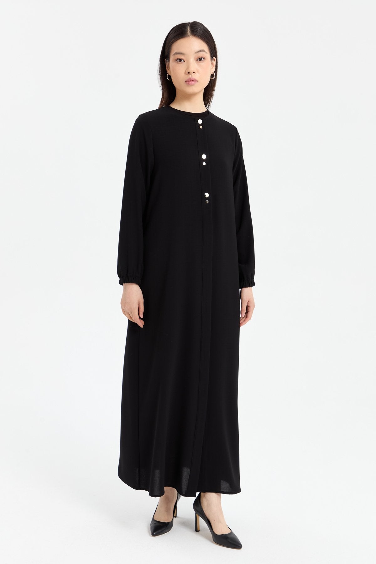 Abaya with Elasticated Sleeves - Black