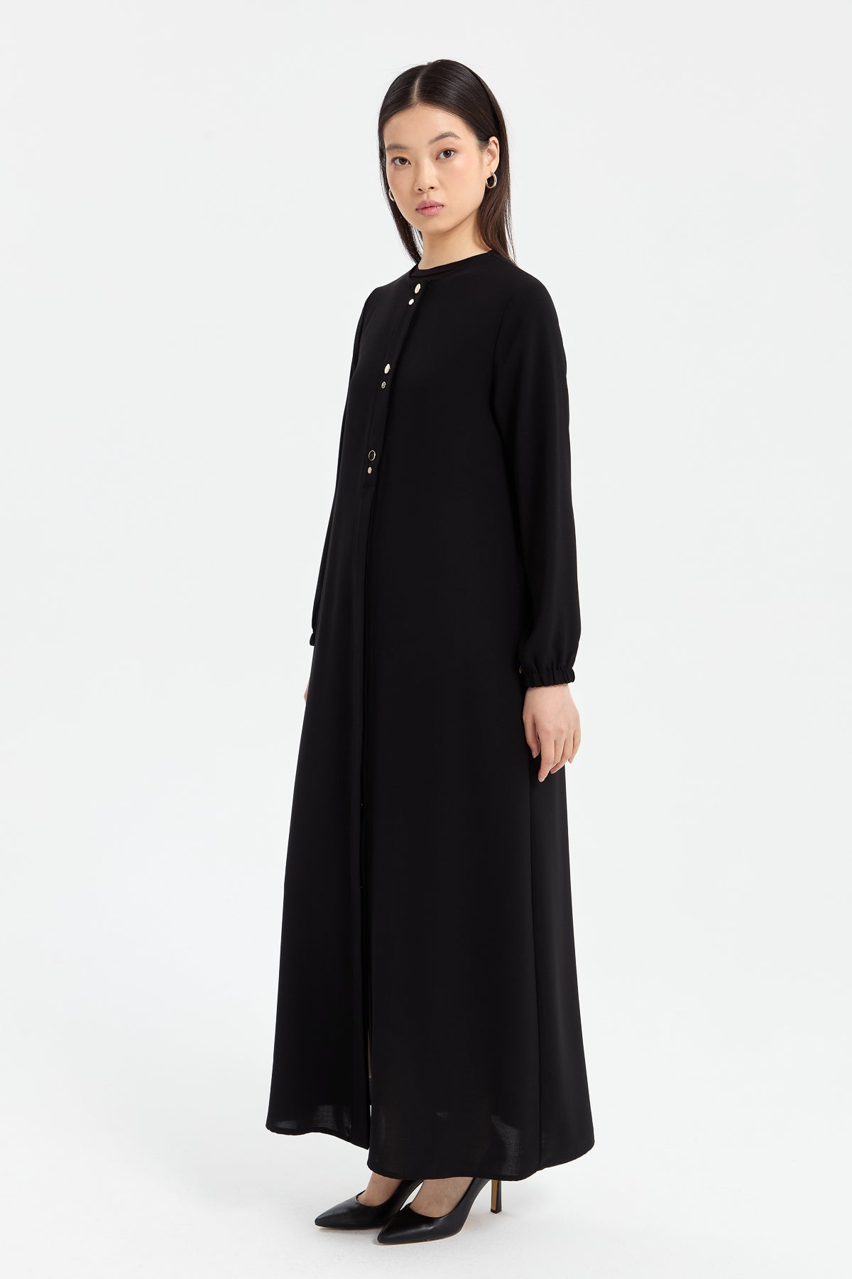 Abaya with Elasticated Sleeves - Black