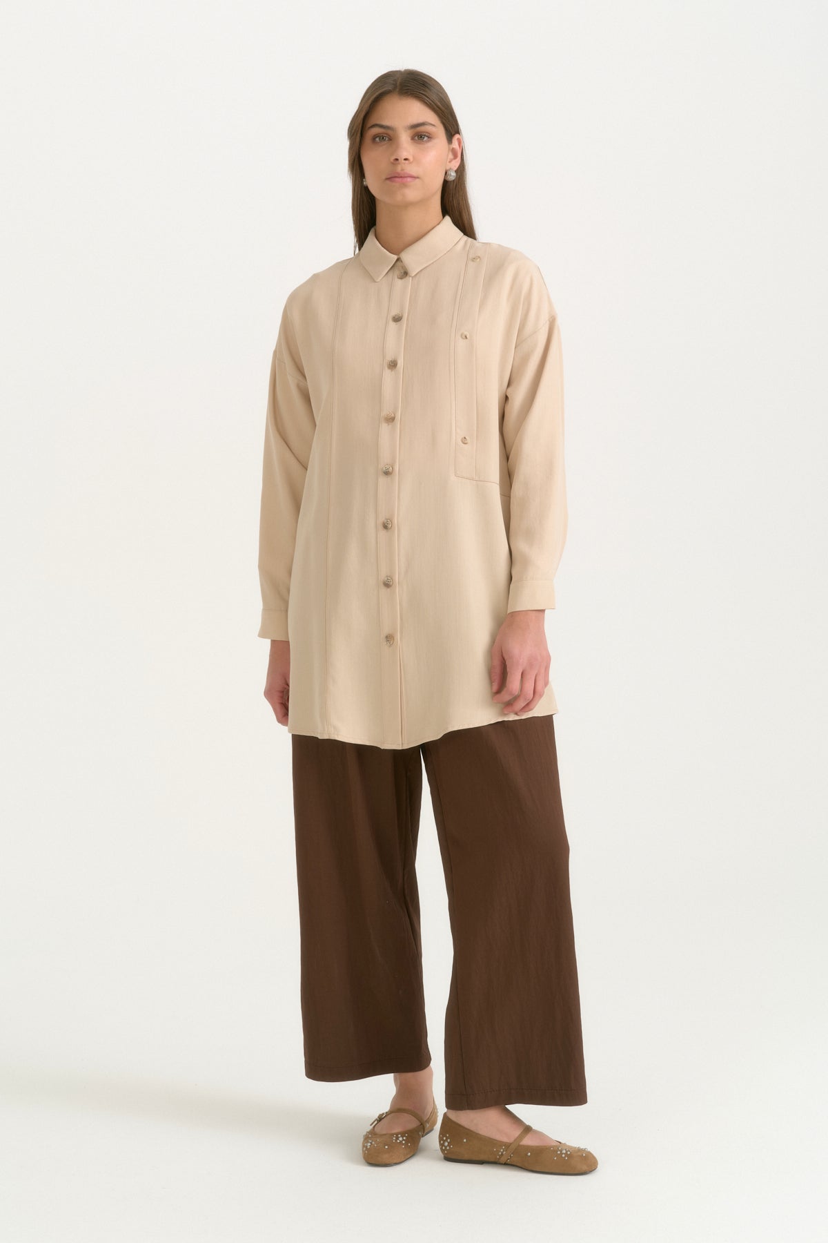 Kontrast Dikiş Detaylı Oversize Lyocell Tunik - Bej