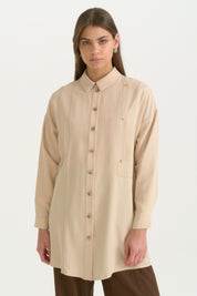 Kontrast Dikiş Detaylı Oversize Lyocell Tunik - Bej
