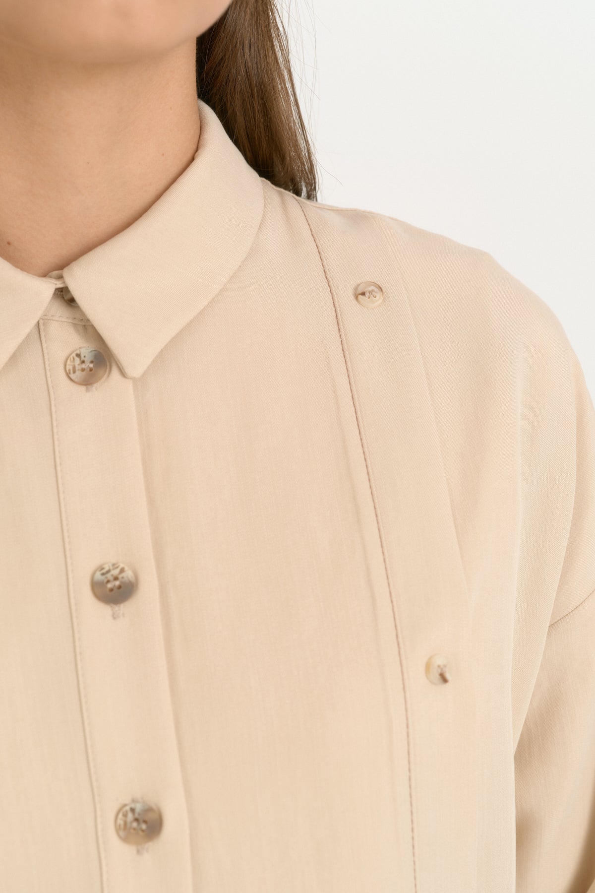Kontrast Dikiş Detaylı Oversize Lyocell Tunik - Bej