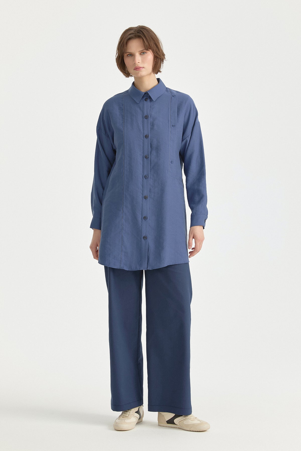 Kontrast Dikiş Detaylı Oversize Lyocell Tunik - İndigo