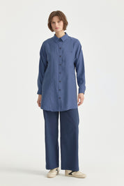 Kontrast Dikiş Detaylı Oversize Lyocell Tunik - İndigo