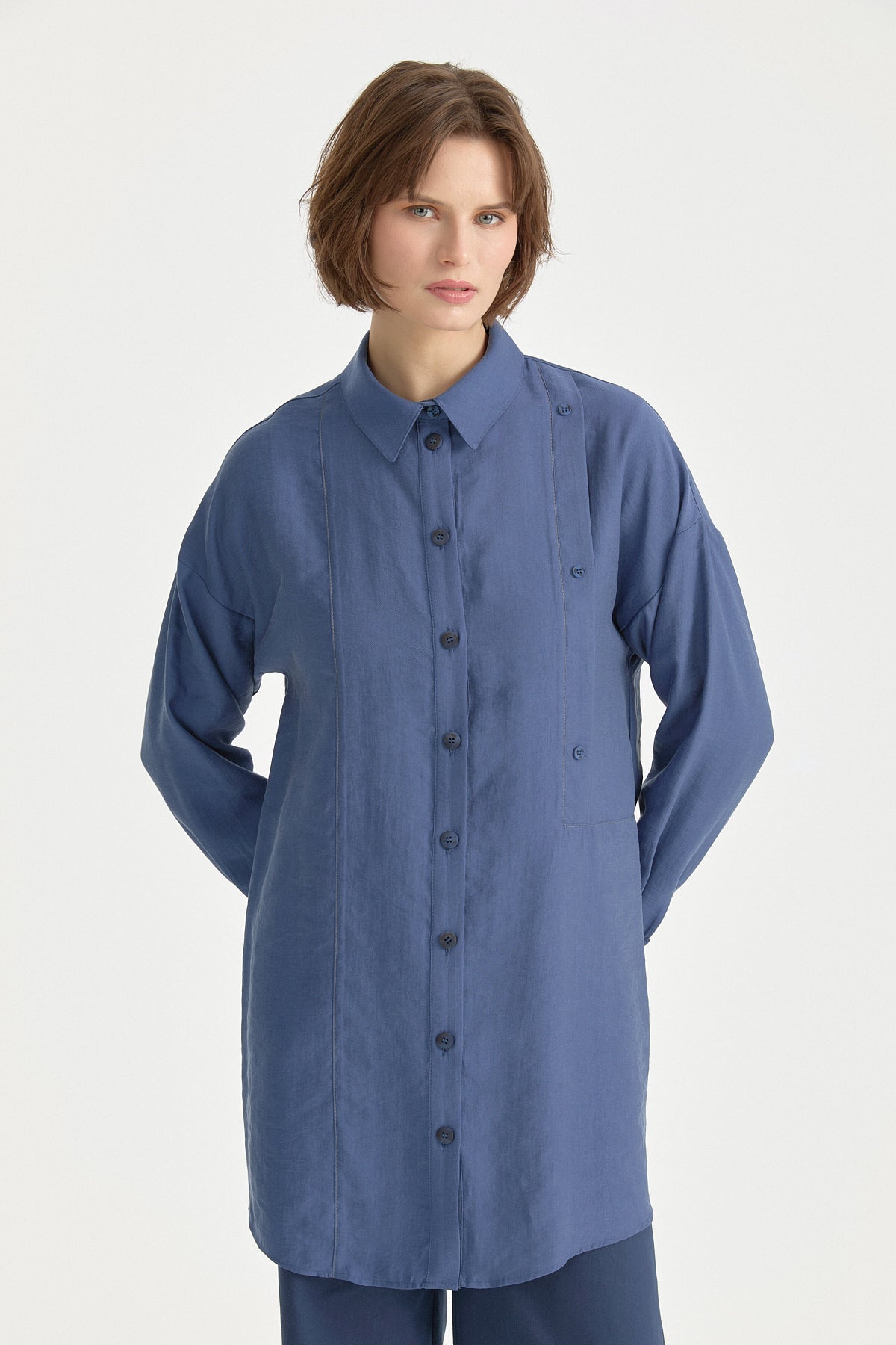 Contrast Stitch Detail Oversize Lyocell Tunic - Indigo