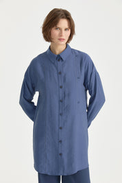 Contrast Stitch Detail Oversize Lyocell Tunic - Indigo
