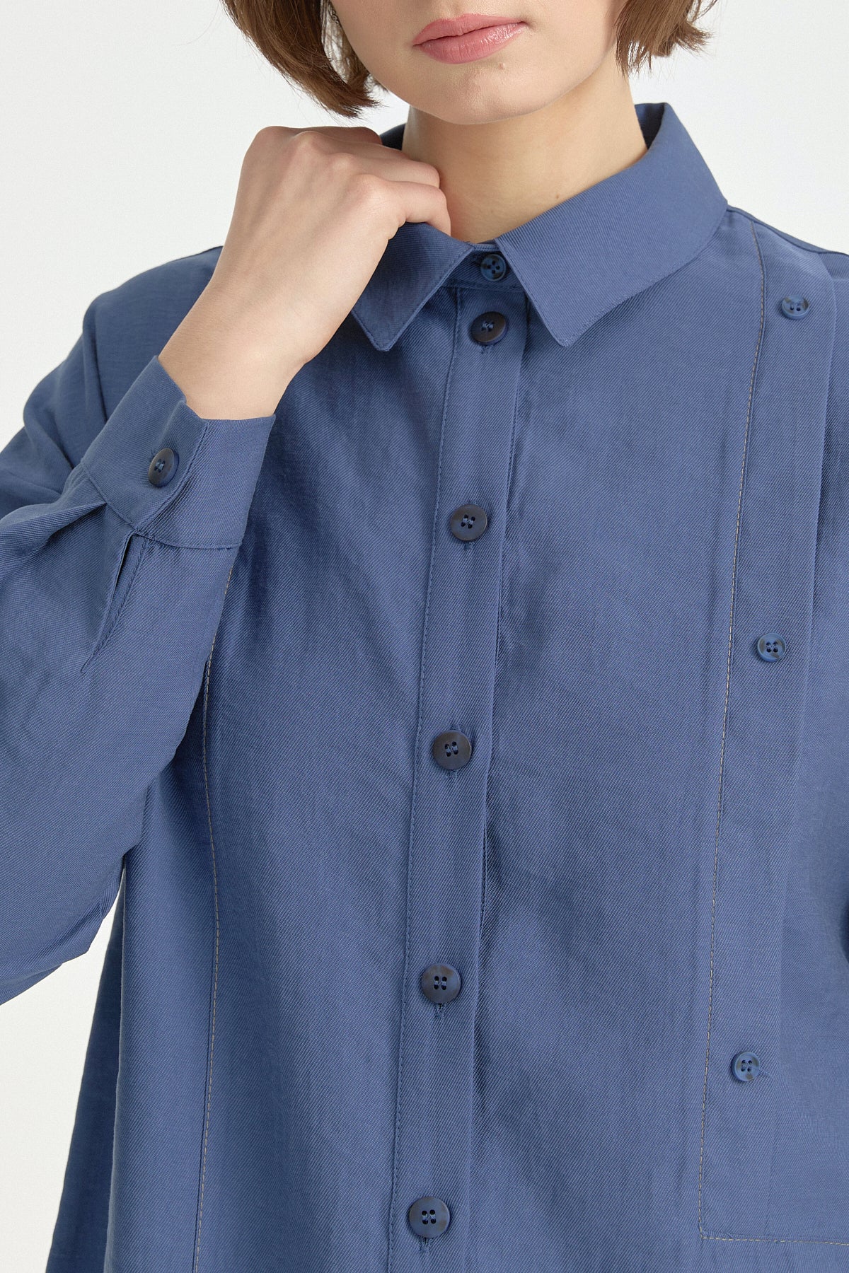 Contrast Stitch Detail Oversize Lyocell Tunic - Indigo