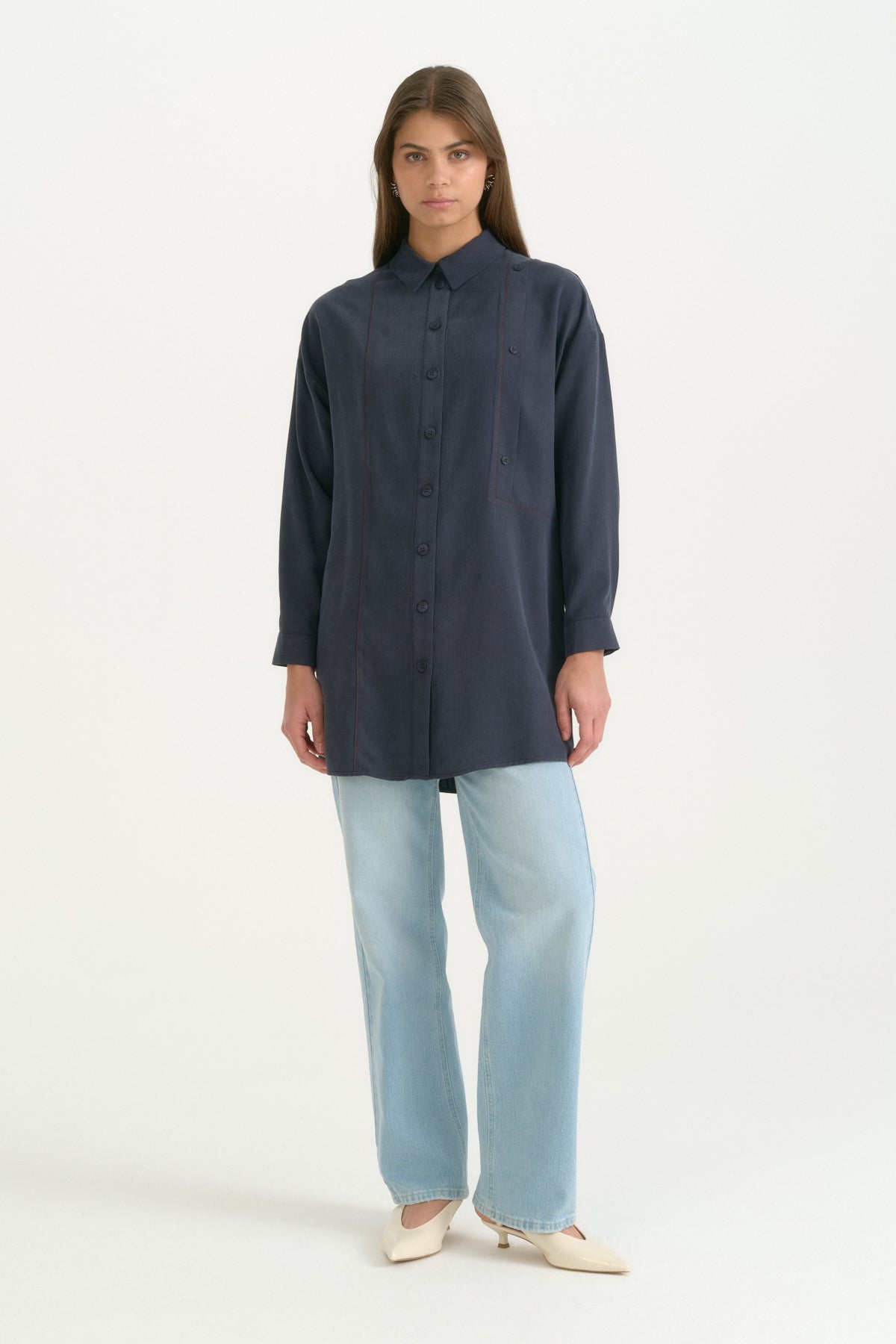 Kontrast Dikiş Detaylı Oversize Lyocell Tunik - Lacivert