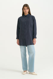 Kontrast Dikiş Detaylı Oversize Lyocell Tunik - Lacivert