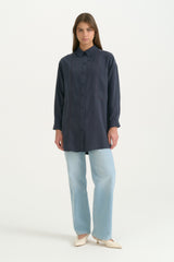 Kontrast Dikiş Detaylı Oversize Lyocell Tunik - Lacivert