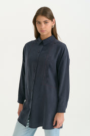 Kontrast Dikiş Detaylı Oversize Lyocell Tunik - Lacivert