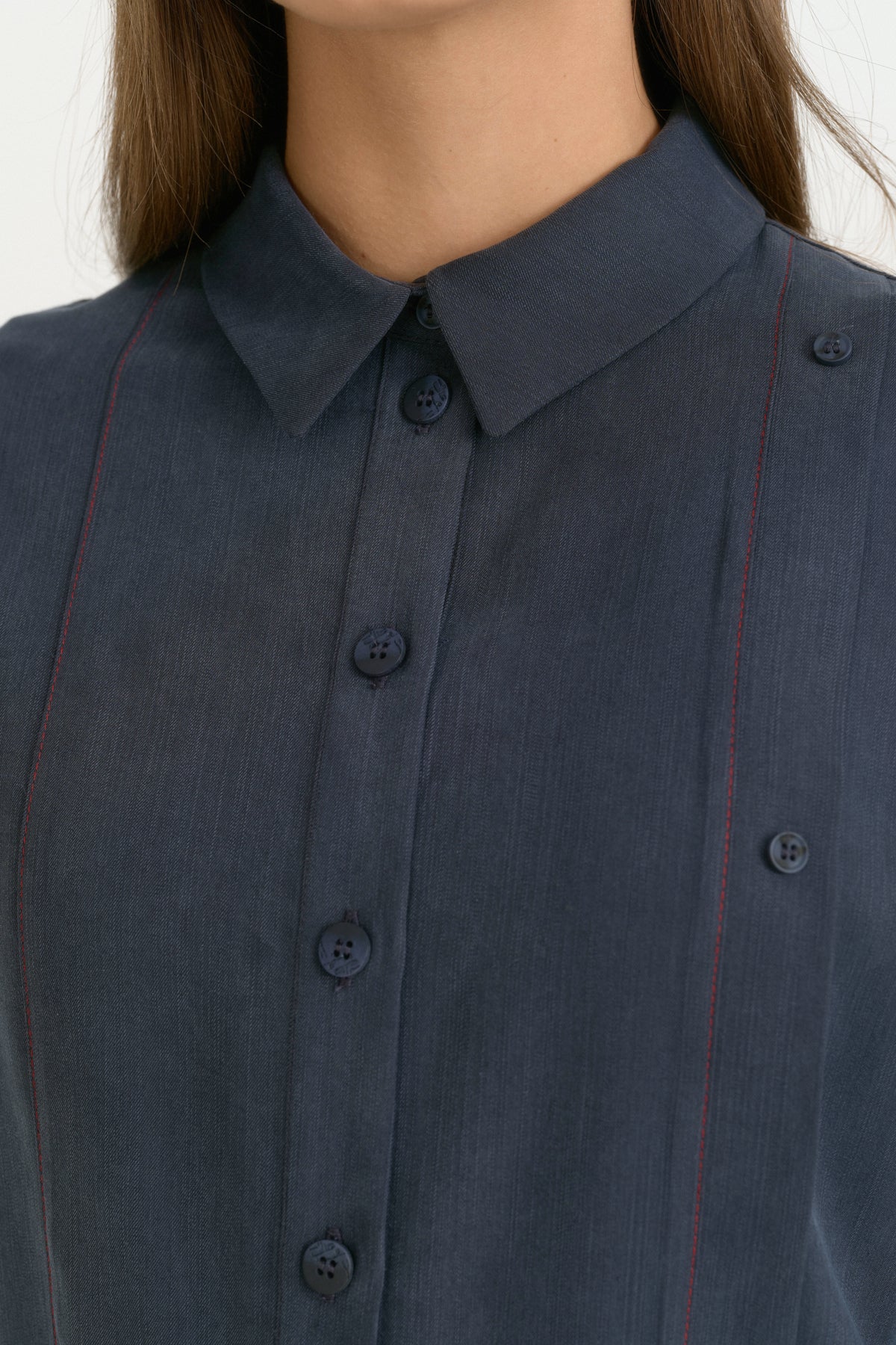 Kontrast Dikiş Detaylı Oversize Lyocell Tunik - Lacivert