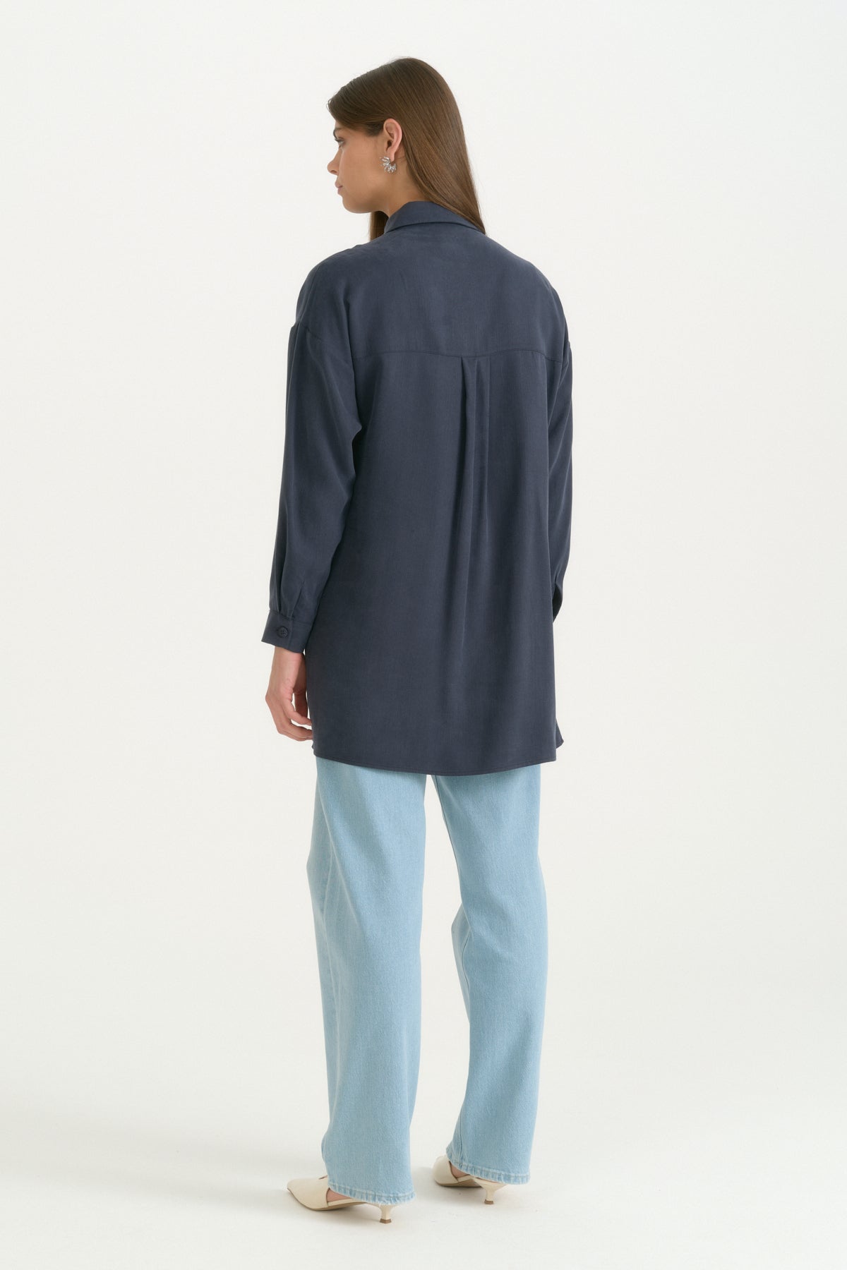 Kontrast Dikiş Detaylı Oversize Lyocell Tunik - Lacivert
