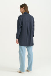 Kontrast Dikiş Detaylı Oversize Lyocell Tunik - Lacivert