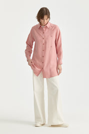 Kontrast Dikiş Detaylı Oversize Lyocell Tunik - Pudra