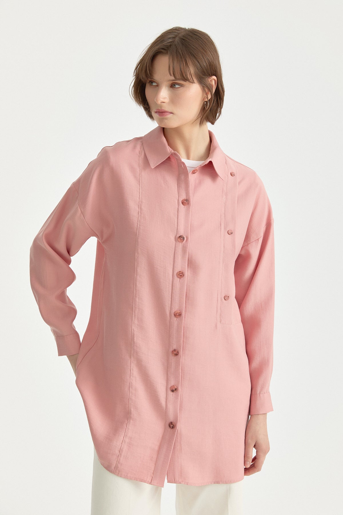 Contrast Stitch Detailed Oversized Lyocell Tunic - Powder
