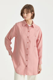 Contrast Stitch Detailed Oversized Lyocell Tunic - Powder