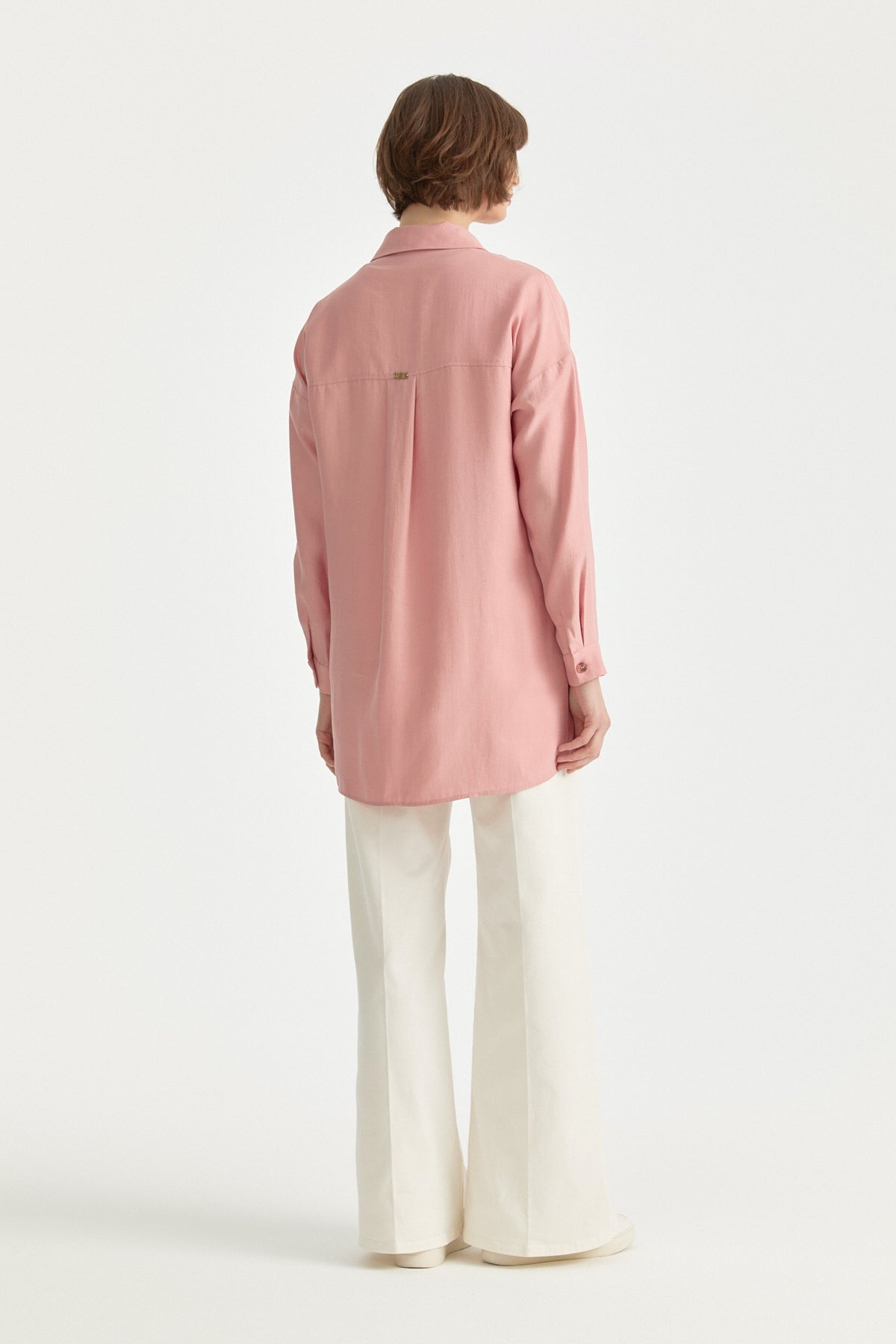 Contrast Stitch Detailed Oversized Lyocell Tunic - Powder