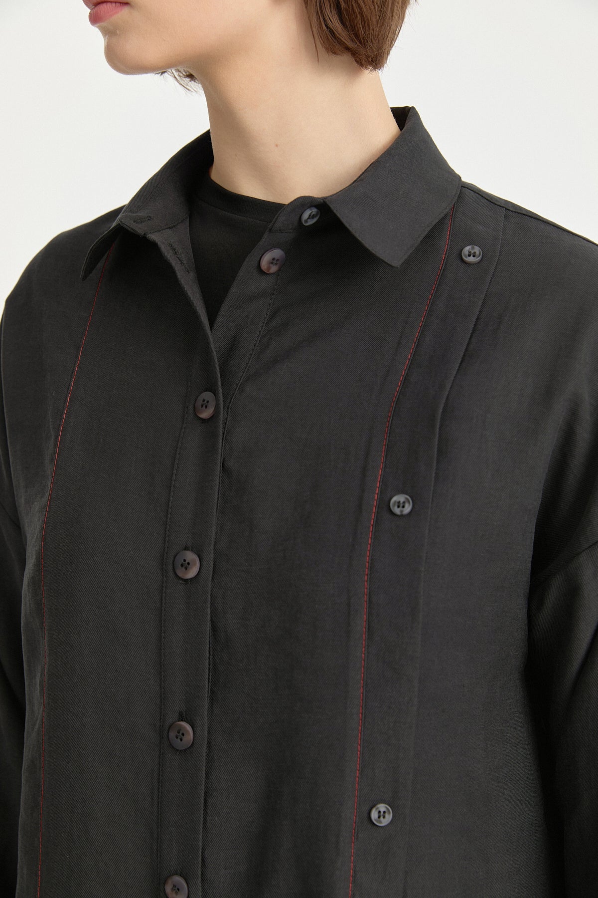 Kontrast Dikiş Detaylı Oversize Lyocell Tunik - Siyah