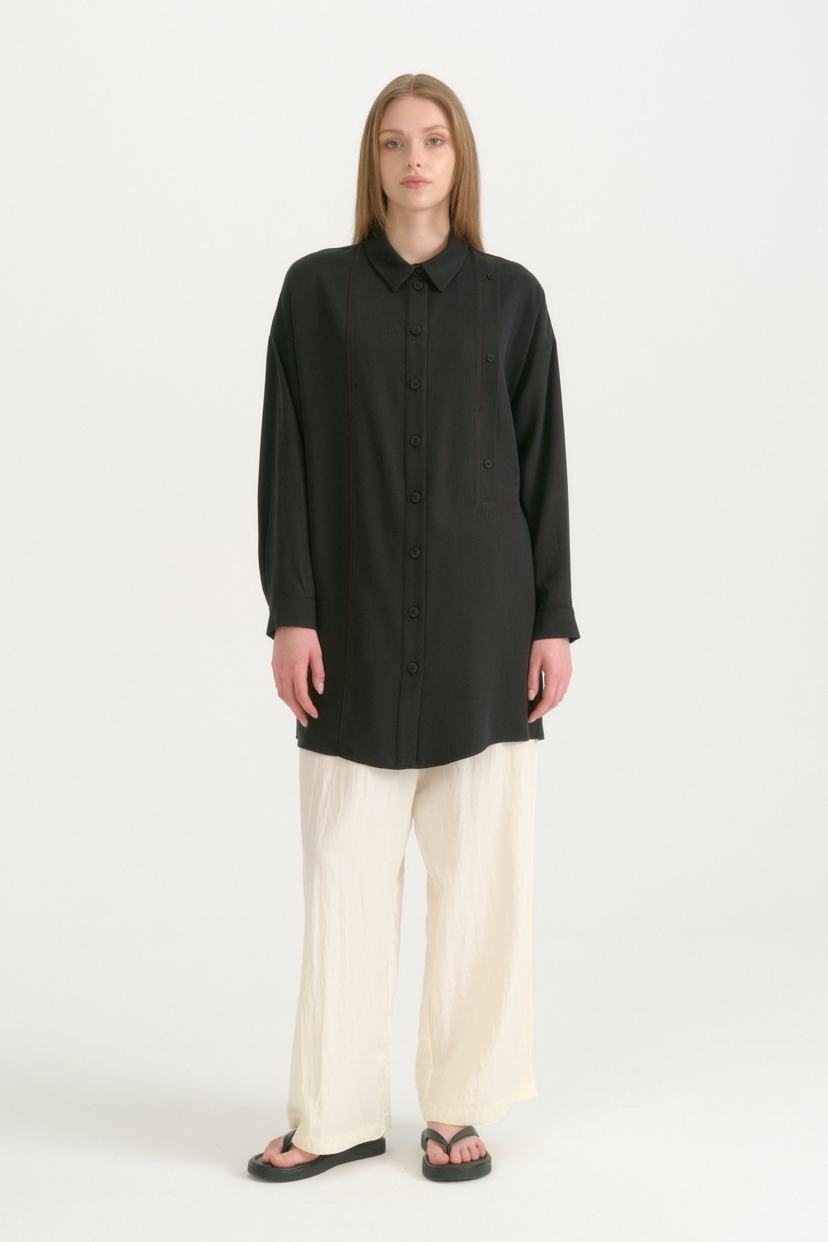 Kontrast Dikiş Detaylı Oversize Lyocell Tunik - Siyah