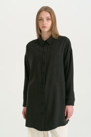 Kontrast Dikiş Detaylı Oversize Lyocell Tunik - Siyah