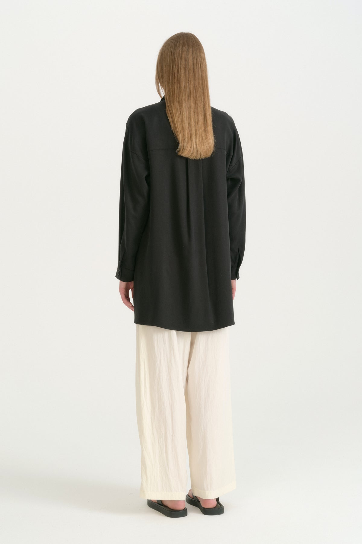 Kontrast Dikiş Detaylı Oversize Lyocell Tunik - Siyah