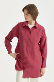 Kontrast Dikiş Detaylı Oversize Lyocell Tunik - Vişne