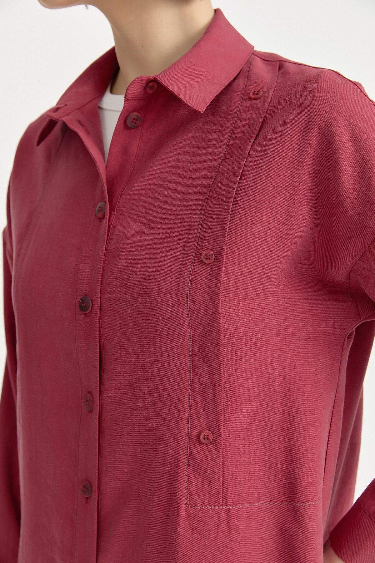 Kontrast Dikiş Detaylı Oversize Lyocell Tunik - Vişne
