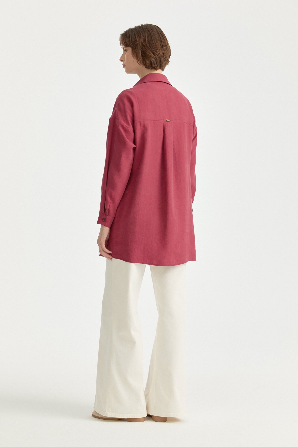 Kontrast Dikiş Detaylı Oversize Lyocell Tunik - Vişne