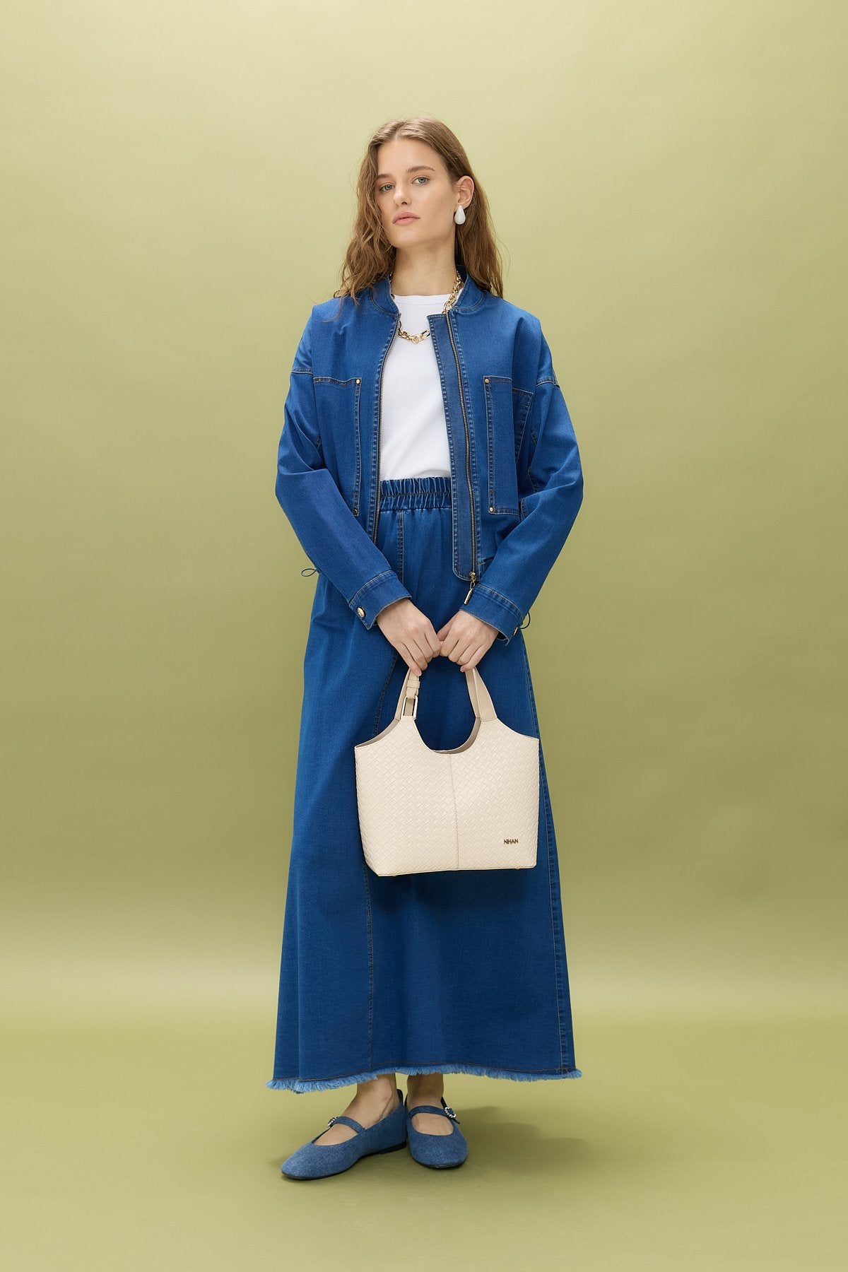 Denim Skirt and Jacket Set - Indigo