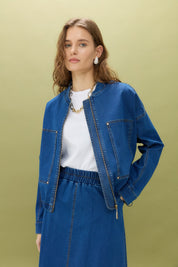 Denim Skirt and Jacket Set - Indigo