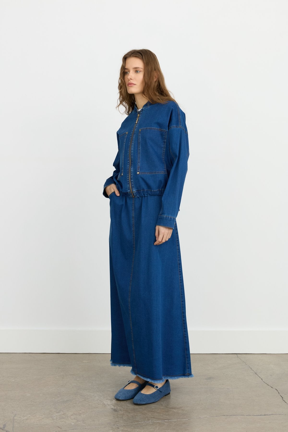 Denim Skirt and Jacket Set - Indigo