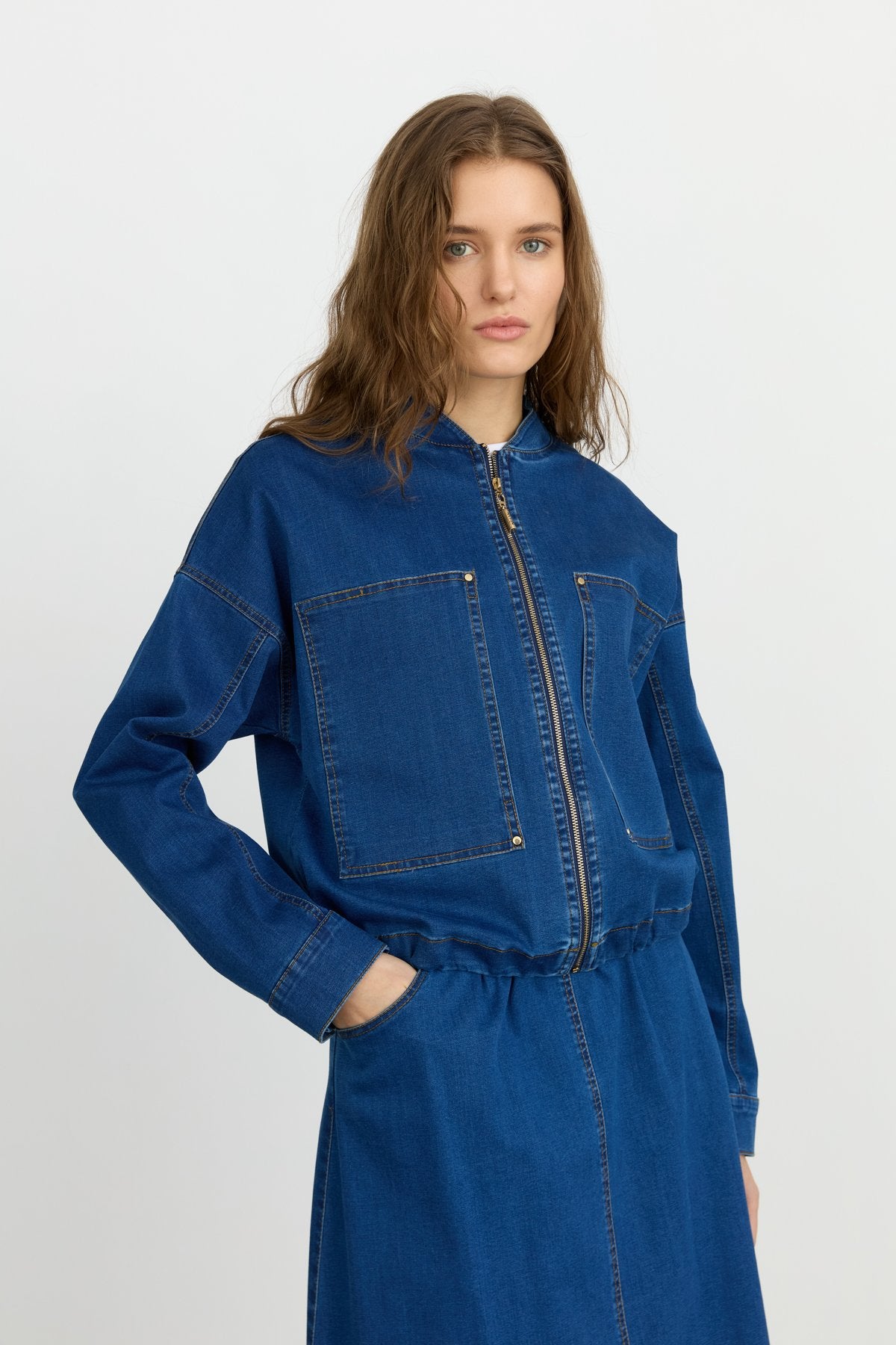 Denim Skirt and Jacket Set - Indigo