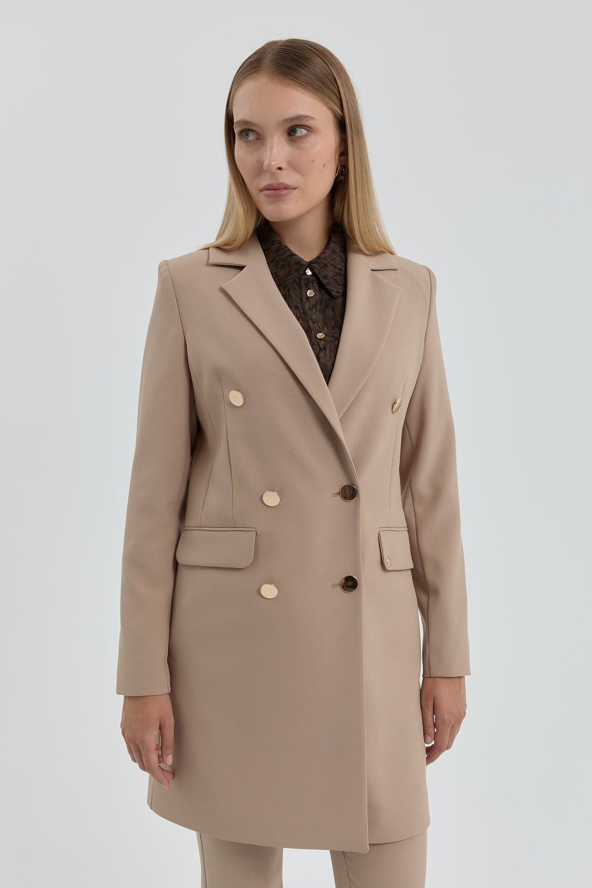 Kruvaze Blazer Ceket - Bej
