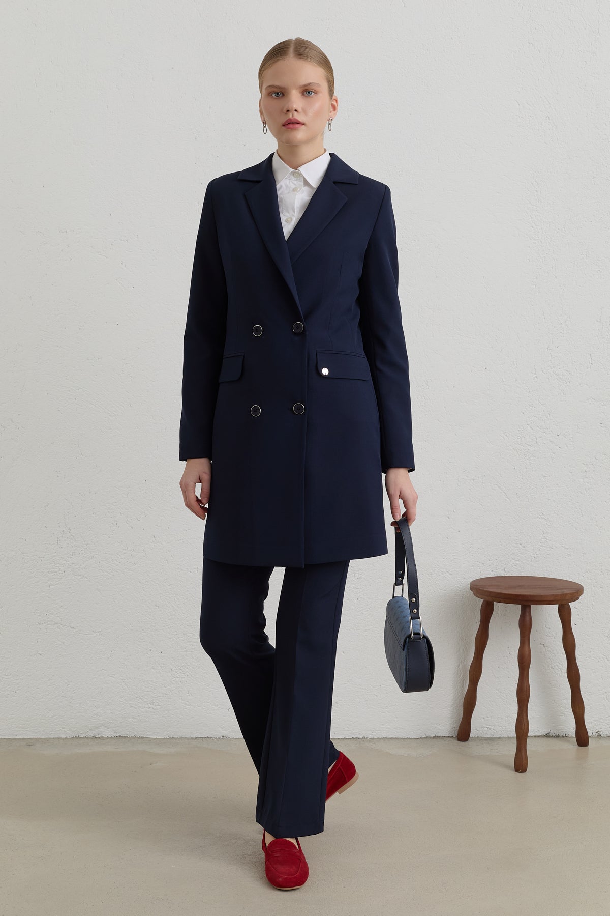 Kruvaze Blazer Basic Ceket - Lacivert