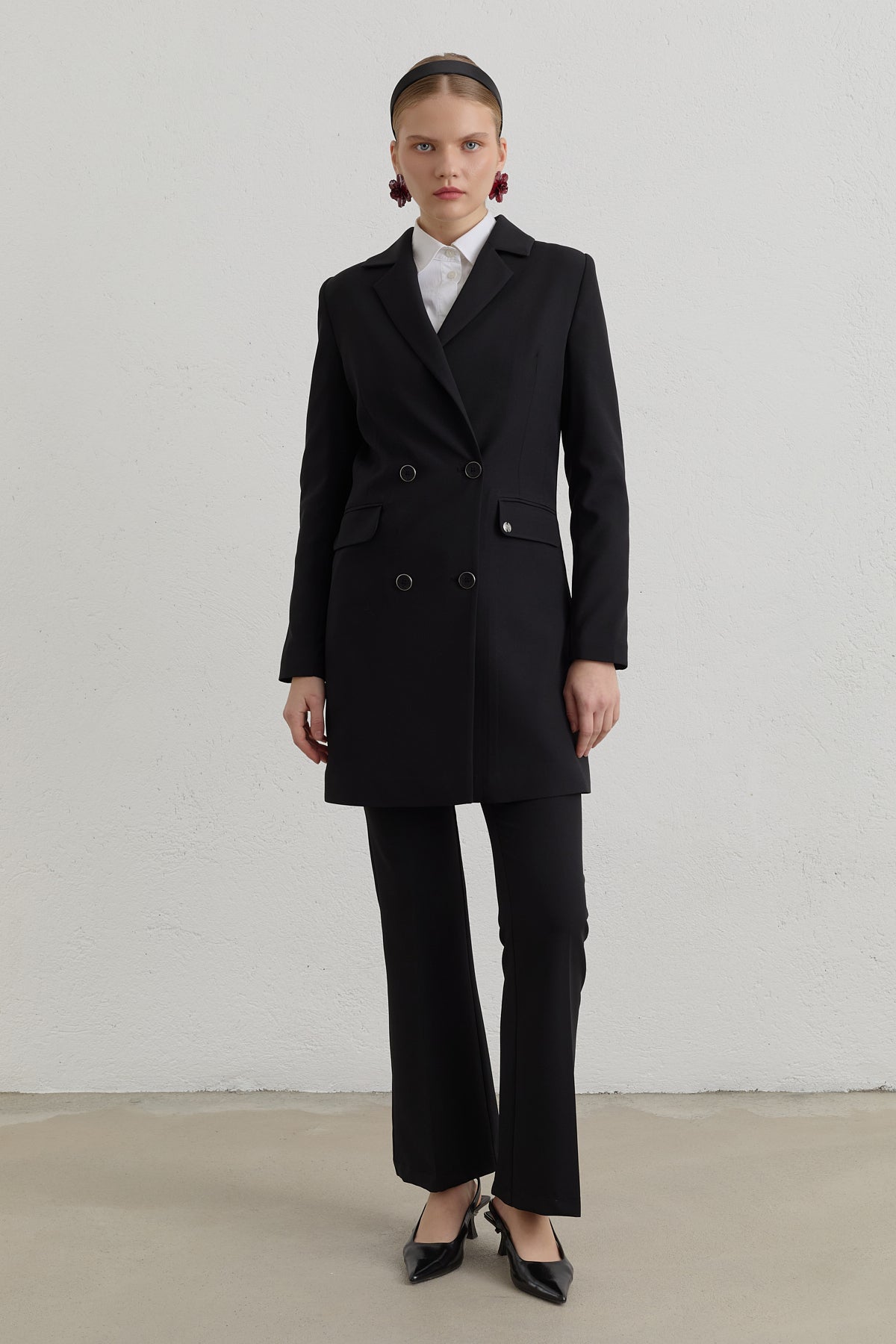 Double-Breasted Basic Blazer Jacket - Black