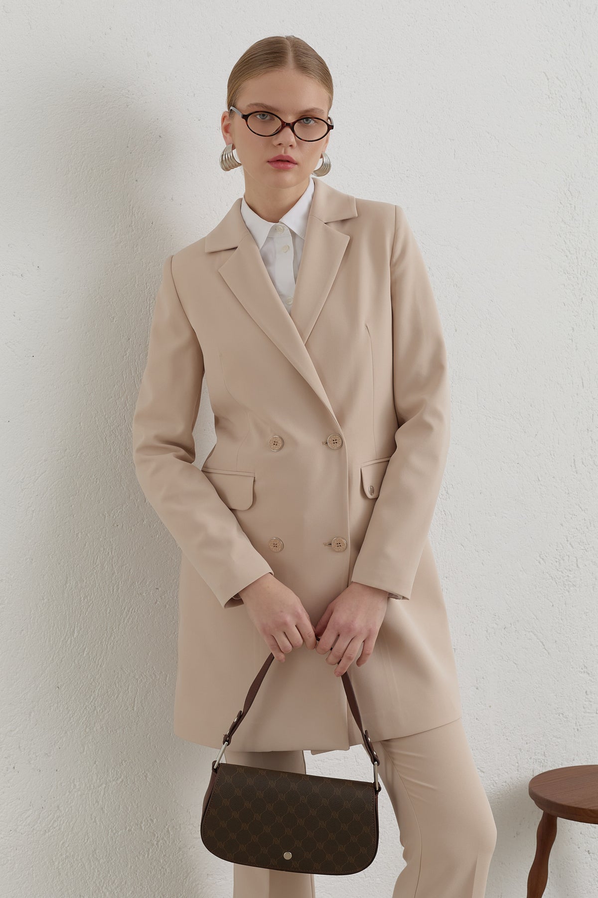 Kruvaze Blazer Basic Ceket - Taş