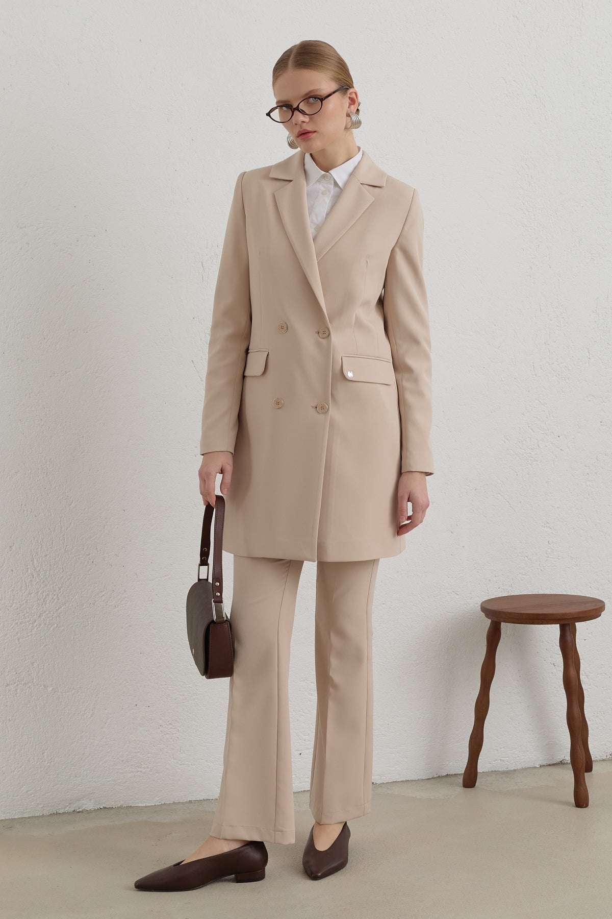 Kruvaze Blazer Basic Ceket - Taş