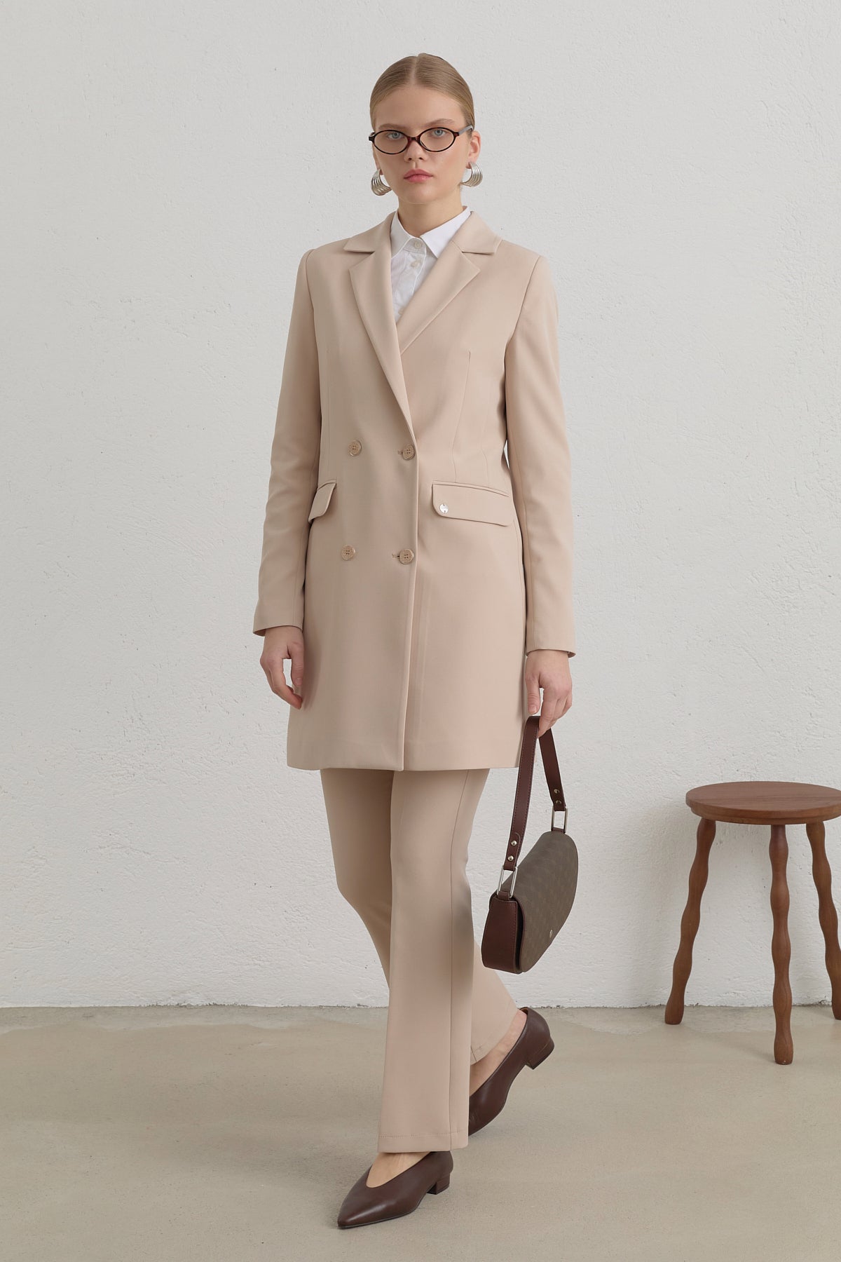 Kruvaze Blazer Ceket - Taş