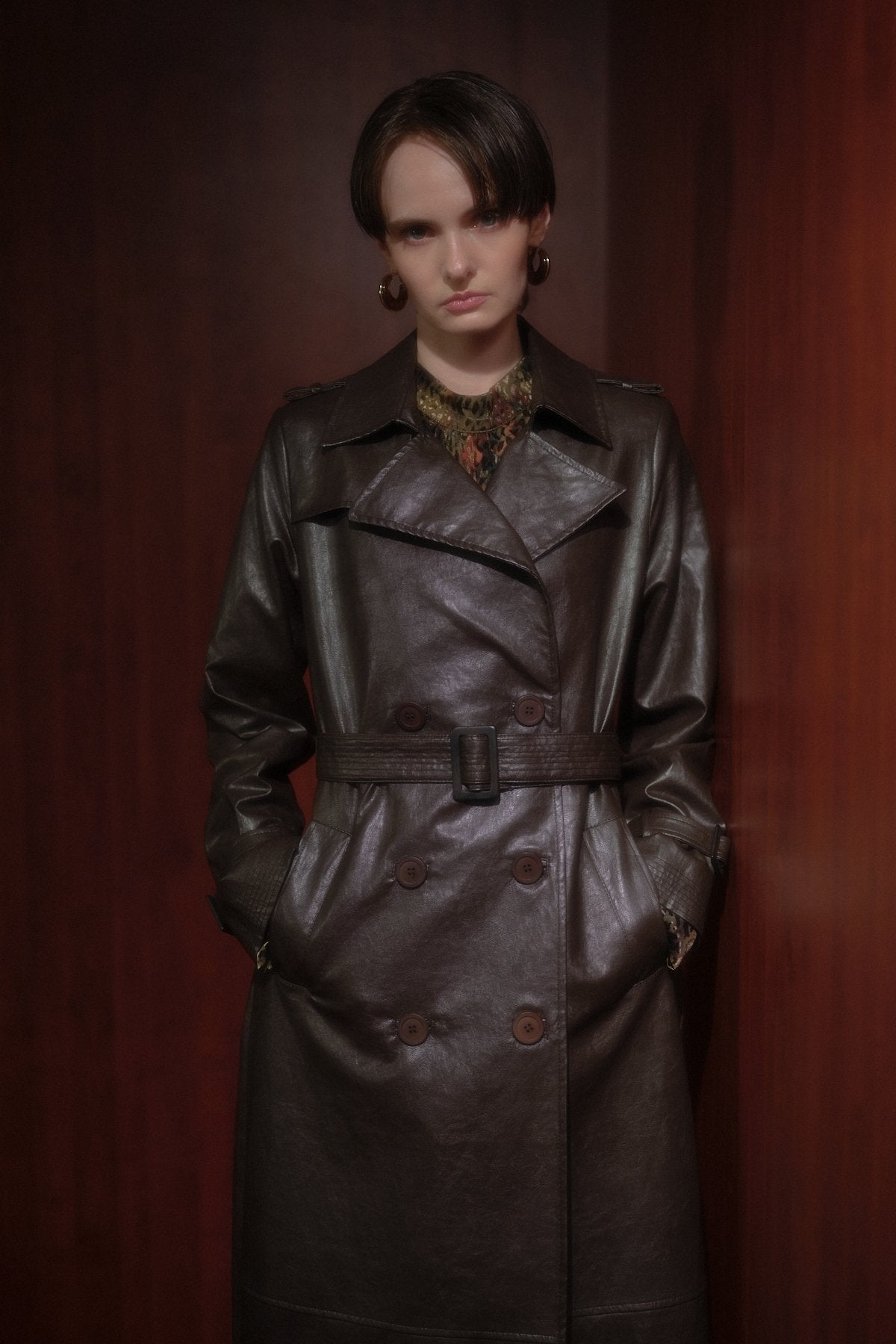 Double-Breasted Leather Trench Coat - Brown