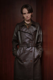 Double-Breasted Leather Trench Coat - Brown