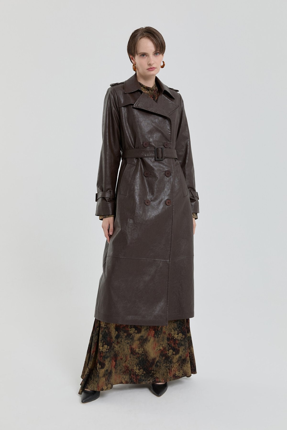 Double-Breasted Leather Trench Coat - Brown