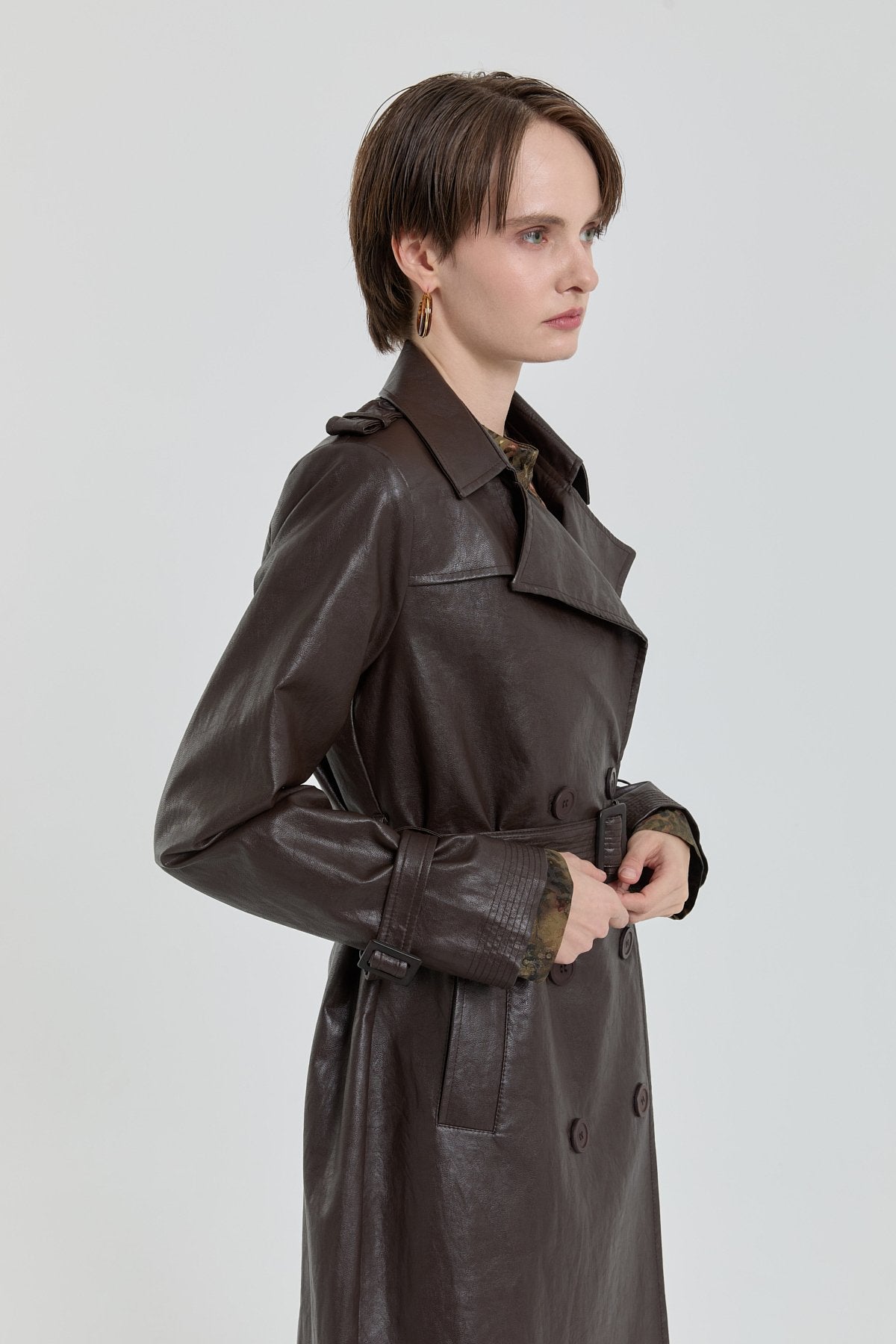 Double-Breasted Leather Trench Coat - Brown