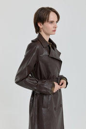 Double-Breasted Leather Trench Coat - Brown