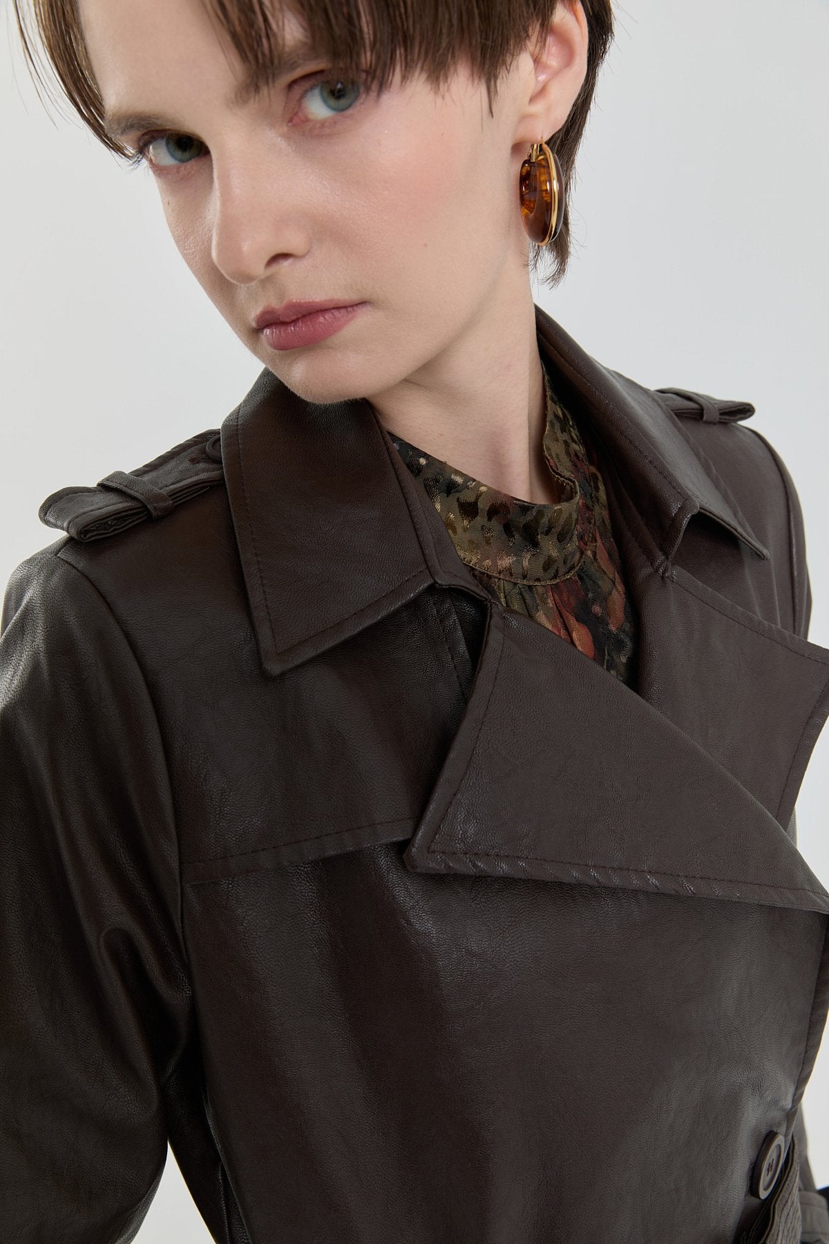 Double-Breasted Leather Trench Coat - Brown
