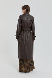 Double-Breasted Leather Trench Coat - Brown