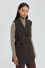 Double-Breasted Plaid Vest - Coffee