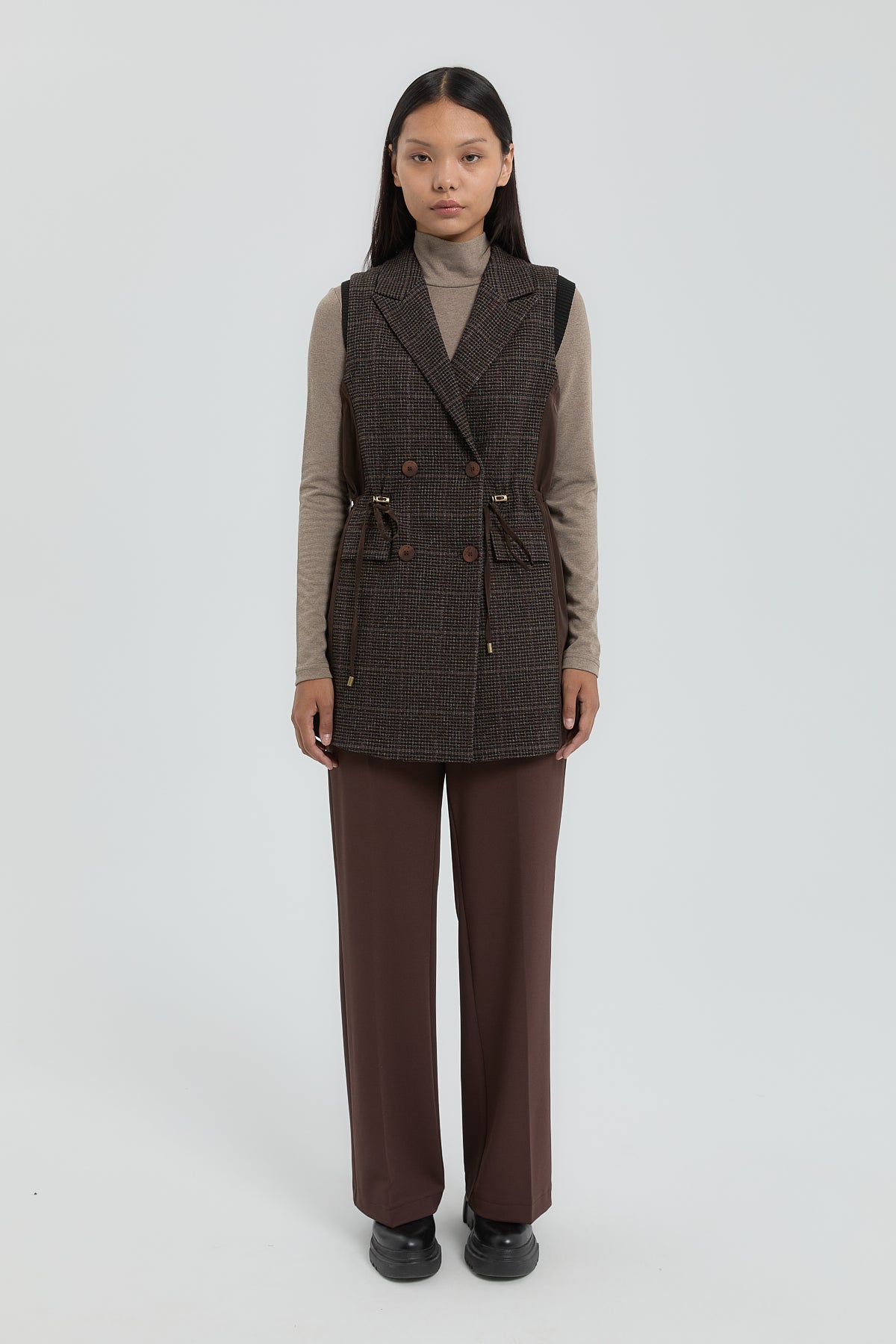 Double-Breasted Plaid Vest - Coffee
