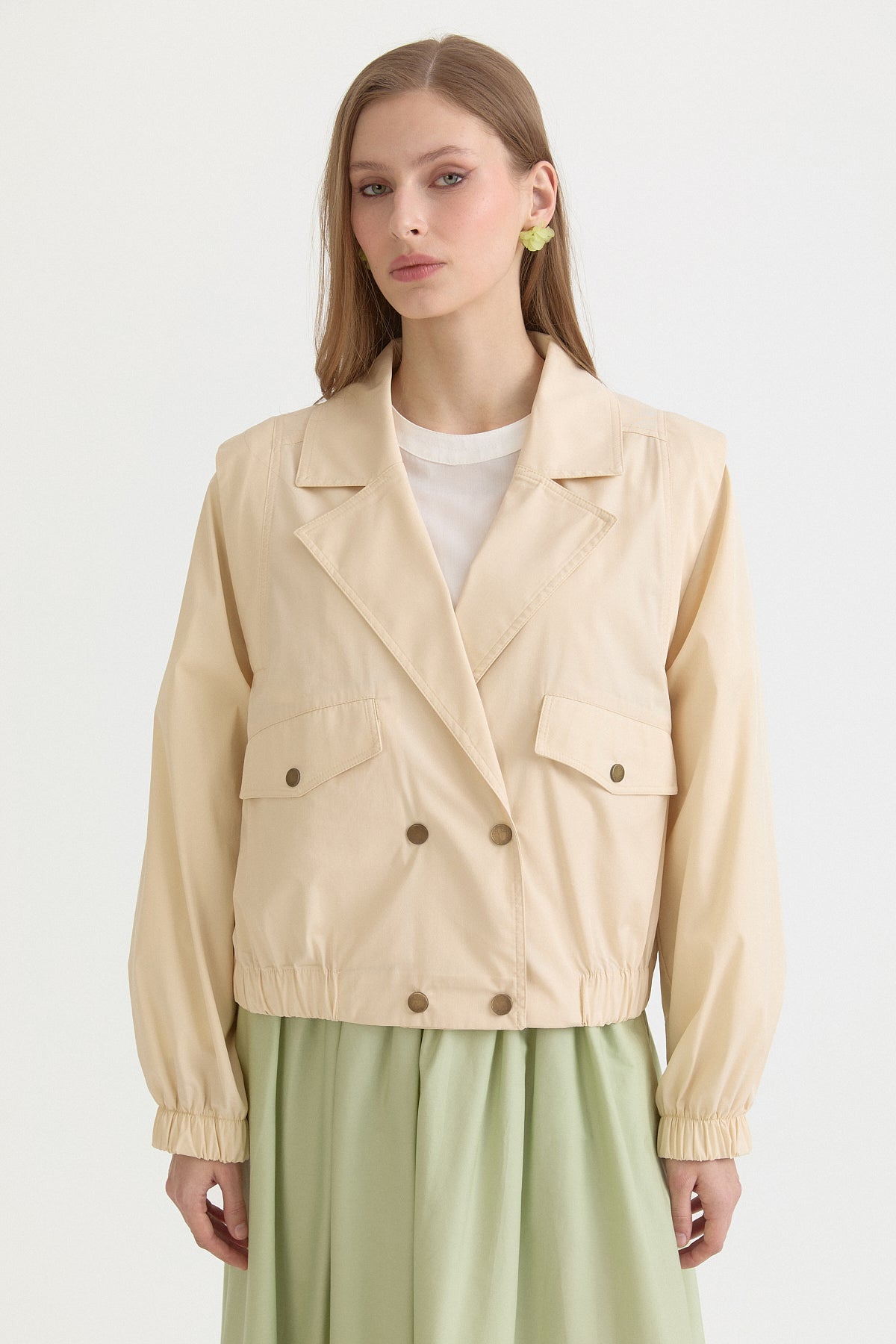 Double-Breasted Short Cotton Jacket - Beige
